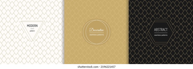 Vector golden seamless pattern collection with modern minimal labels. Luxury minimalist linear gold backgrounds with thin lines, diamonds. Abstract texture. Trendy design for decor, product package