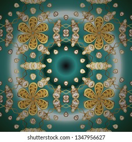 Vector golden seamless pattern. Flat hand drawn vintage collection. Backdrop, fabric, gold wallpaper. Golden pattern on blue, green and yellow colors with golden elements.