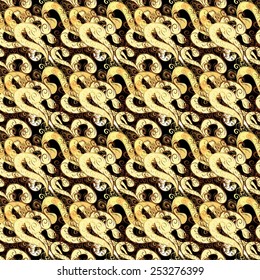 Vector golden seamless pattern. Flat hand drawn vintage collection. Backdrop, fabric, gold wallpaper. Golden pattern on colors with golden elements.