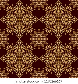 Vector golden seamless pattern. Seamless floral border with vintage golden ornament on brown background.