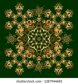 Vector golden seamless pattern. Seamless floral border with vintage golden ornament on green background.