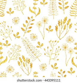 Vector golden seamless pattern. Floral texture with hand drawn flowers, plants and leaves. Glittering gold background. 