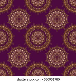 Vector golden seamless pattern. Seamless floral border with vintage golden ornament on purple background.
