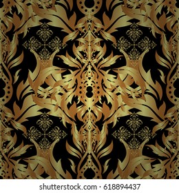 Vector golden seamless pattern. Seamless floral border with vintage golden ornament on black background.