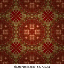 Vector golden seamless pattern. Seamless floral border with vintage golden ornament on red background.