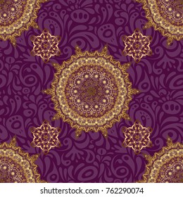 Vector golden seamless pattern. Seamless floral border with vintage golden ornament on purple background.
