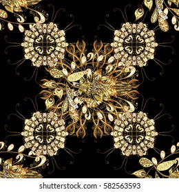 Vector golden seamless pattern. Seamless pattern on black background. Seamless golden textured curls. Golden elements in oriental style arabesques.