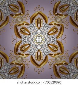 Vector golden seamless pattern. Golden pattern on gray and pink background with golden elements. Backdrop, fabric, gold wallpaper. Flat hand drawn vintage collection.