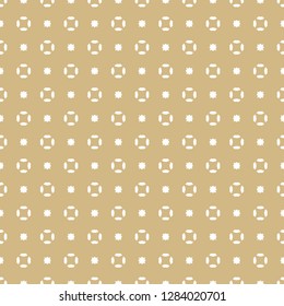 Vector golden seamless pattern with small stars, diamond shapes, floral silhouettes. Abstract white and gold geometric texture. Simple minimalist repeat background. Luxury repeat design for decoration
