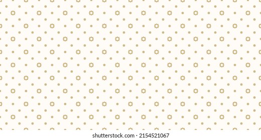 Vector golden seamless pattern with small stars, suns, diamonds, dots. Abstract minimal gold and white geometric texture. Simple minimalist background. Luxury repeat design for decor, cover, wallpaper
