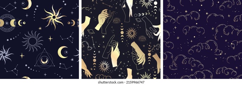 Vector golden seamless pattern with talisman of woman hands in silhouette style with stars, sacred geometry moon and sun. Vector Illustration