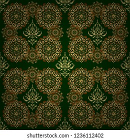 Vector golden seamless pattern. The texture of golden elements on green background.