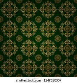 Vector golden seamless pattern. The texture of golden elements on green background.