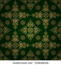 Vector golden seamless pattern. The texture of golden elements on green background.