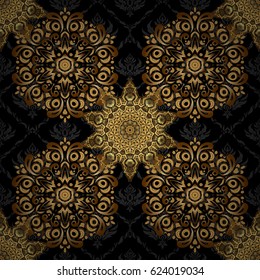 Vector golden seamless pattern. The texture of golden elements on black background.