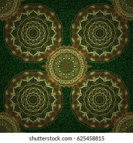 Vector golden seamless pattern. The texture of golden elements on green background.