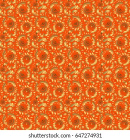 Vector golden seamless pattern. The texture of golden elements on orange background.