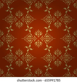 Vector golden seamless pattern. The texture of golden elements on brown background.