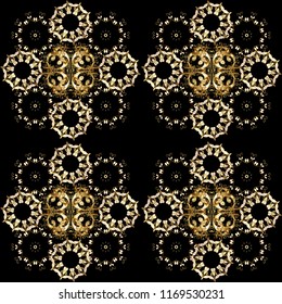 Vector golden seamless pattern. Seamless golden textured curls. Golden elements in oriental style arabesques. Seamless pattern on black, white and brown colors.