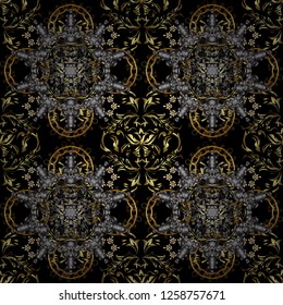 Vector golden seamless pattern. Seamless golden textured curls. Seamless pattern on black colors. Golden elements in oriental style arabesques.