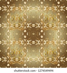 Vector golden seamless pattern. Seamless golden textured curls. Seamless pattern on brown and beige colors. Golden elements in oriental style arabesques.