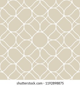 Vector golden seamless pattern with thin curved lines. Subtle white and beige texture of fishnet, lace, mesh, weave, net. Delicate background. Simple repeat design for decor, fabric, print, wallpapers