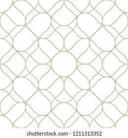 Vector golden seamless pattern with thin curved lines. White and gold illustration of fishnet, lace, mesh, weave, net. Subtle background texture. Simple repeatable design for decor, fabric, wallpaper