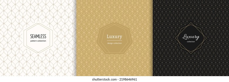 Vector golden seamless patterns with modern minimal labels. Luxury minimalist linear backgrounds with thin lines, wany mesh, lattice, grid. Abstract texture. Trendy design for decor, product package