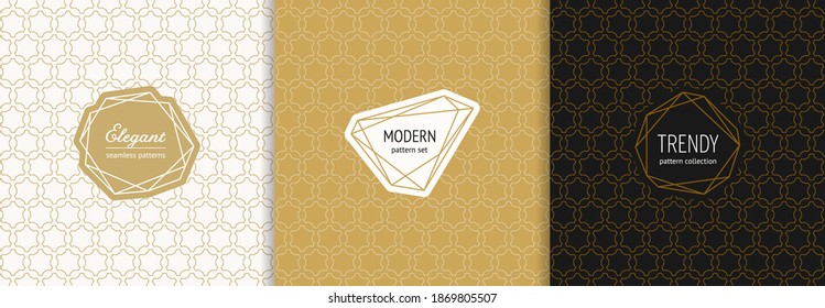 Vector golden seamless patterns set with modern minimal labels. Luxury linear gold backgrounds with thin lines, hexagonal grid, net. Oriental style textures collection. Subtle design for banner, card