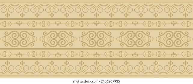 Vector golden seamless Yakut ornament. Endless border, frame of the northern peoples of the Far East.