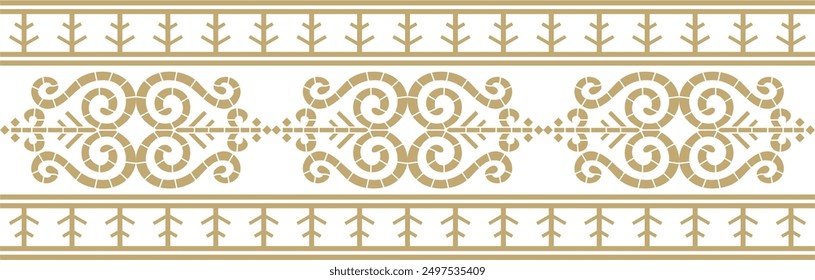 Vector golden seamless Yakut ornament. Endless border, frame of the northern peoples of the Far East.