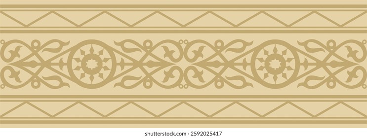 Vector golden seamless Yakut ornament. Endless border, frame of the northern peoples of the Far East.