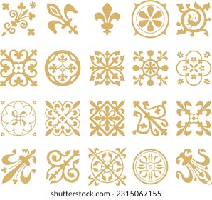 Vector golden set of ancient Roman ornament elements. Classic European parts of patterns. Lilies and crowns.
