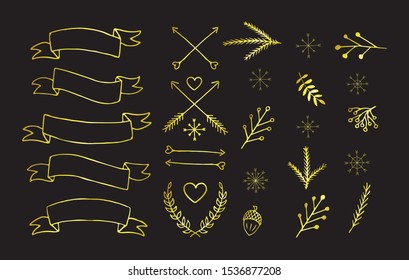 Vector golden set of hand drawn doodle winter Christmas elements,arrows,ribbons, symbols. Bundle of glitter holiday doodle isolated on black background