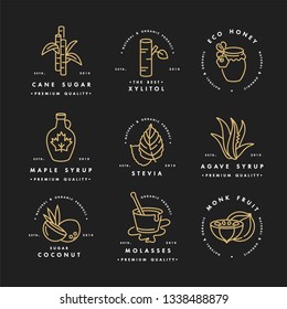 Vector golden set of logos, badges and icons for natural and organic products. Collection symbol of healthy products and sugar alternatives, natural substitutes