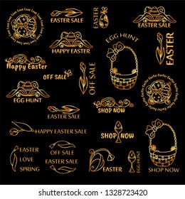 Vector golden set of logotypes, labels, signs, tags for inscription, lettering, caption for eastern greetings, easter day. Suitable for shops, sales and more