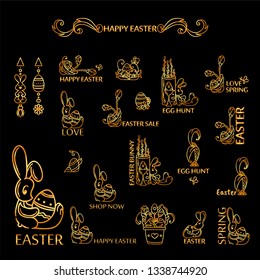 Vector golden set of logotypes, labels, signs, tags for inscription, lettering, caption for eastern greetings, easter day. Suitable for shops, sales and more