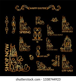 Vector golden set of logotypes, labels, signs, tags for inscription, lettering, caption for eastern greetings, easter day. Suitable for shops, sales and more