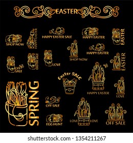 Vector golden set of logotypes, labels, signs, tags for inscription, lettering, caption for eastern greetings, easter day. Suitable for shops, sales and more