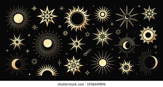Vector golden set of mystical magic different sun and moon. Spiritual occultism objects, trendy style. Elements template for posters, prints, patterns, illustrations and logos.