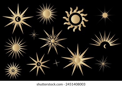 Vector golden set of mystical magic different sun shapes. Objects of spiritual occultism and esotericism, fashionable style. Template elements for posters, patterns, illustrations and other designs.