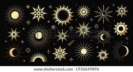 Vector golden set of mystical magic different sun and moon. Spiritual occultism objects, trendy style. Elements template for posters, prints, patterns, illustrations and logos.