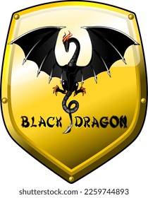 Vector golden shield with highlighted black dragon. Illustrative art, amazing illustration, cute and adorable! The best vector dragon made on whim! Decoration for halloween night! God is good!