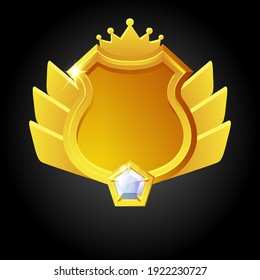 Vector golden shield template for game achievement. Reward with a crown to increase the winner rating.
