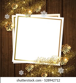 Vector golden shining Christmas background with snowflakes. Paper frame on a wooden background.