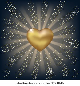 Vector of golden shining heart with rays of light.Wedding,Valentines day design