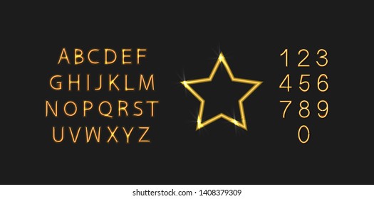 Vector Golden Shining Star Icon and Golden Neon Font Isolated on Black Background, Design Elements Set.