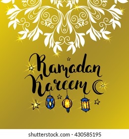 Vector golden shiny card. Arabic lanterns and ornament. Islamic holiday background. Ink handwritten inscription Ramadan Kareem. Brush lettering. Calligraphy.