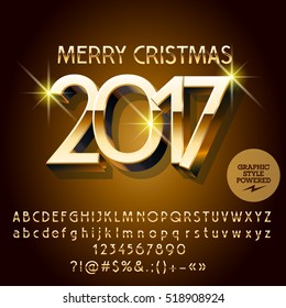 Vector golden shiny Merry Christmas 2017 greeting card with set of letters, symbols and numbers. File contains graphic styles