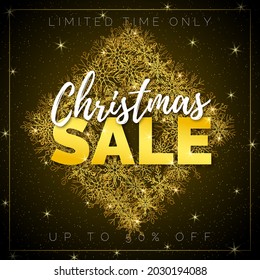 Vector Golden Shiny New Year Banner. Text Christmas Sale. Rhombus Shape. Glitter Snowflakes. Black Glittering Background.